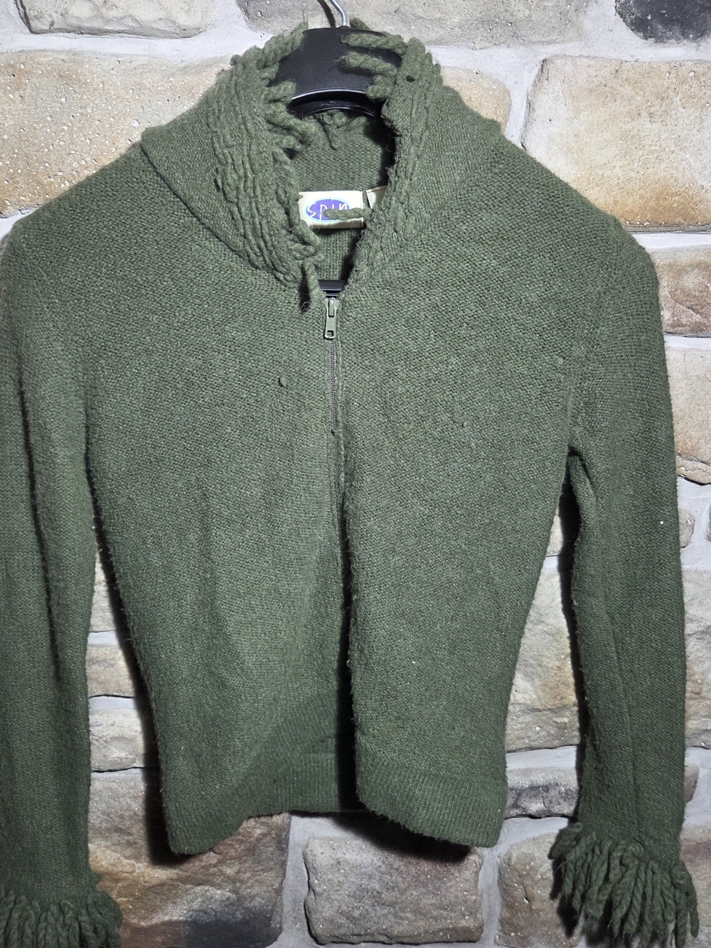 VTG Spin Moss Green Wool Blend Zip Up Hooded Sweater Fringe Cuffs Boho Large